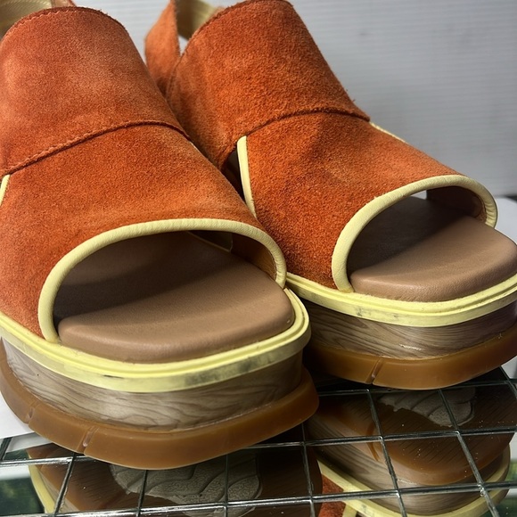 Sorel Sz 7 Joanie Burnt Orange Suede Yellow Leather Wedge Sandals - Picture 8 of 8